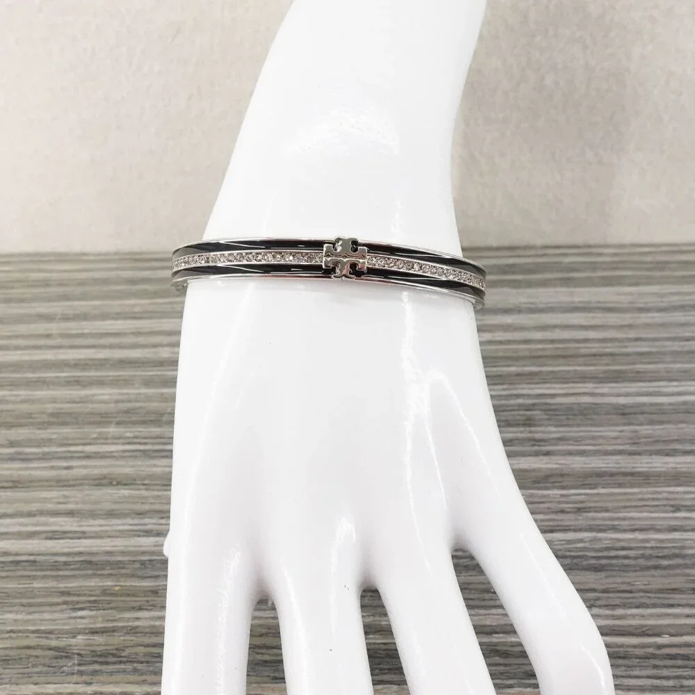 Tory Burch Kira Pave Enamel Hinge Bracelet Black/ Silver OS - Picture 6 of 14
